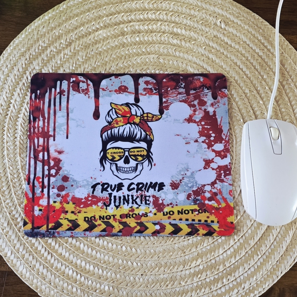 True Crime Junkie Mouse Pad - Red and Yellow